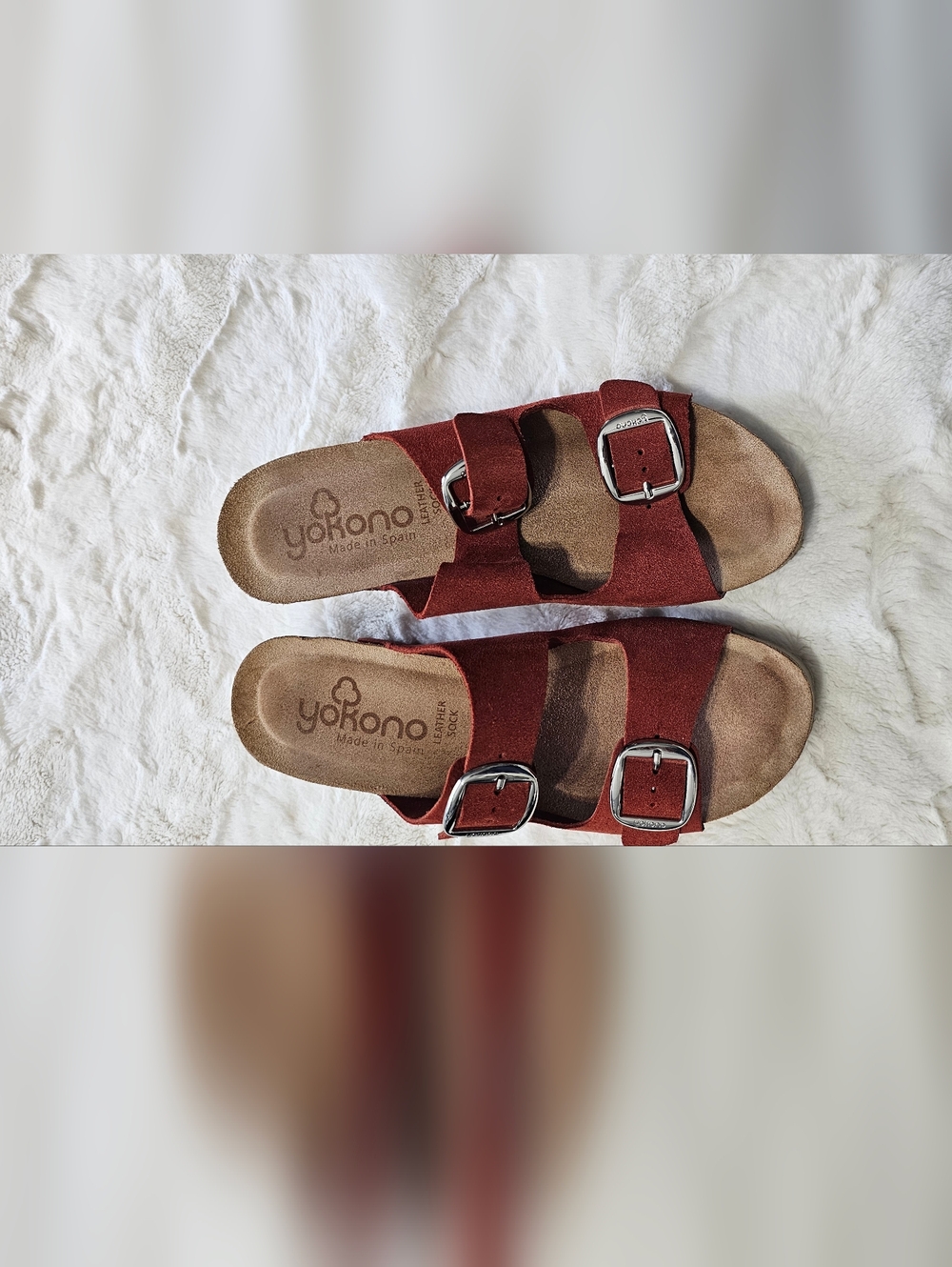 Yokono Women's Double-Buckle Slide Sandals in Rust Suede